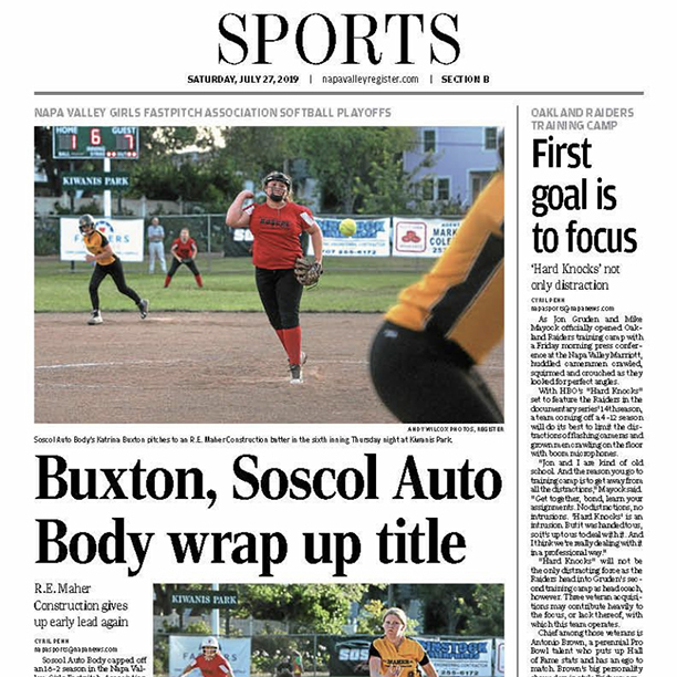  Sports cover page for Napa Valley Register in Napa VAlley California